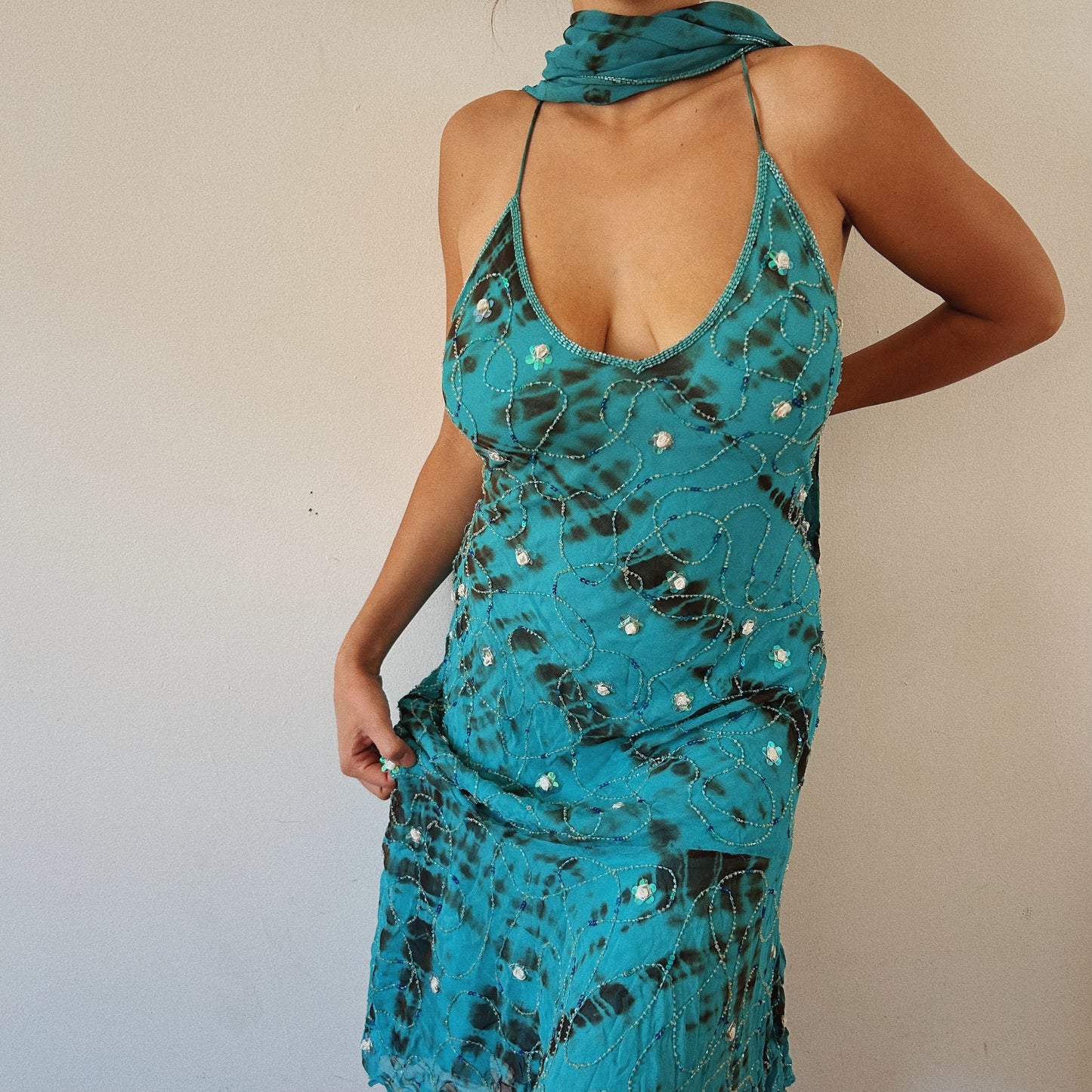 Mermaid Silk Beaded Dress With Scarf