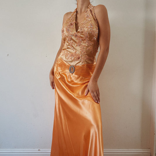 Y2K Beaded Halter Satin Gown