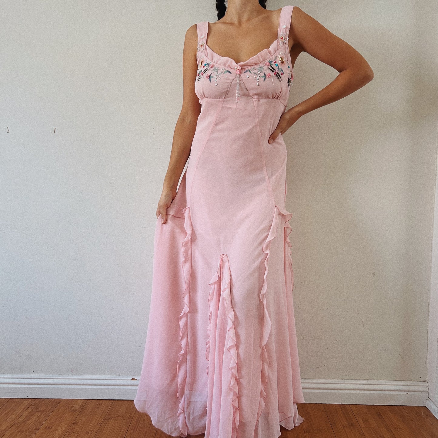 Whimsical Pink Beaded Ruffled dress