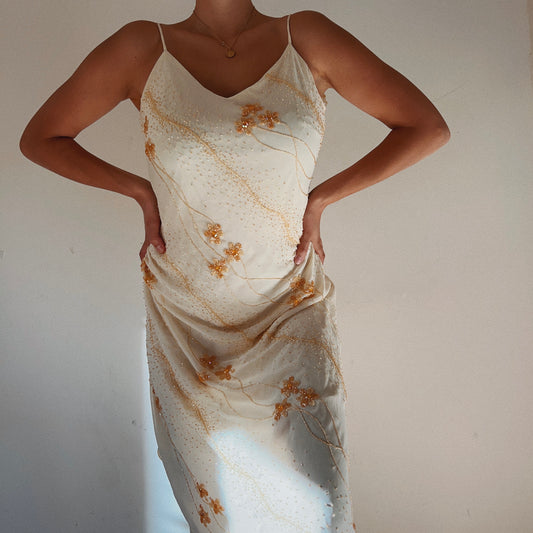 Vintage Cream Beaded Ethereal Maxi Dress