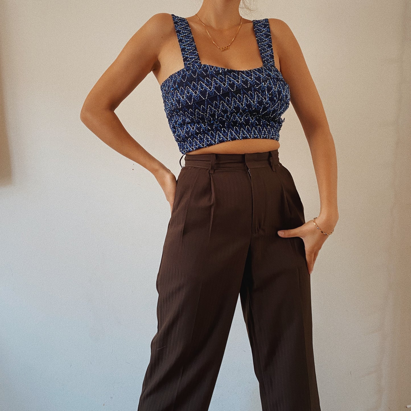 Embroidered Navy Blue Crop Top