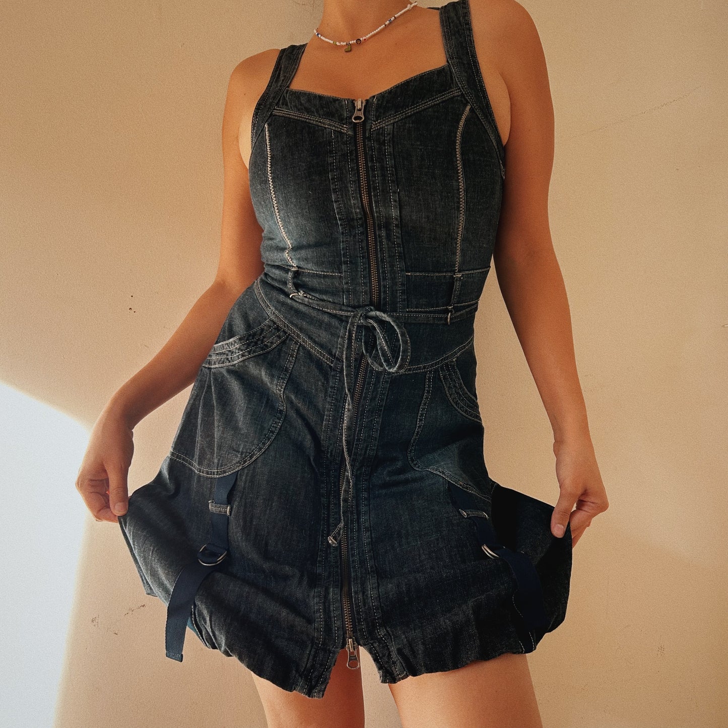 Zip up denim mini dress with pockets