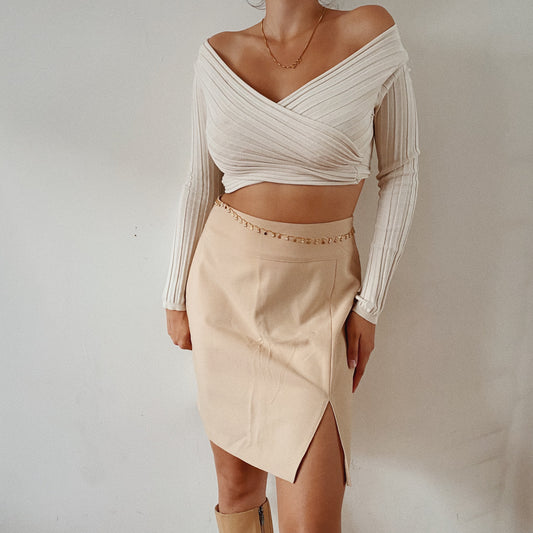 Vintage Beige Midi Skirt With Side Slit