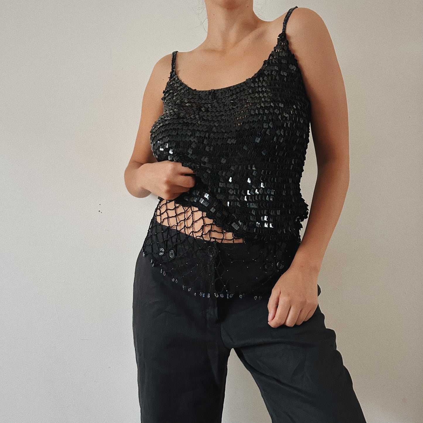 Sequins and Crochet Black Beaded Top