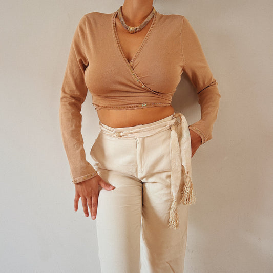 Chic Beige Bolero Tie Embellished Cardigan