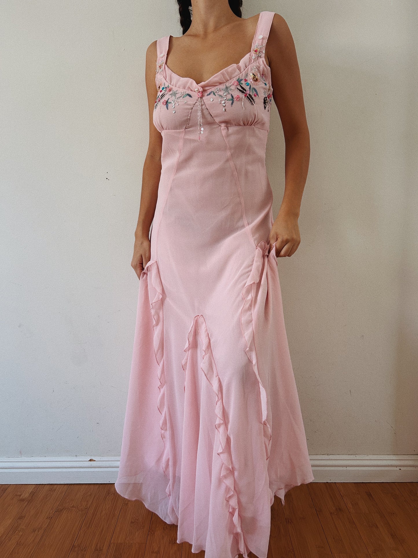 Whimsical Pink Beaded Ruffled dress