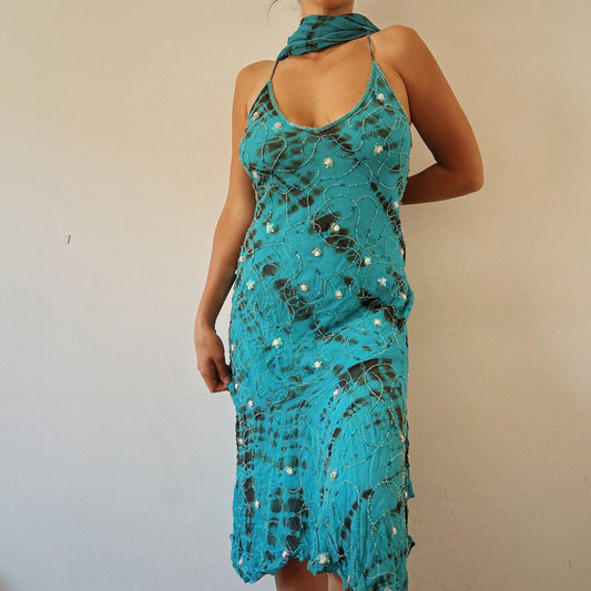 Mermaid Silk Beaded Dress With Scarf