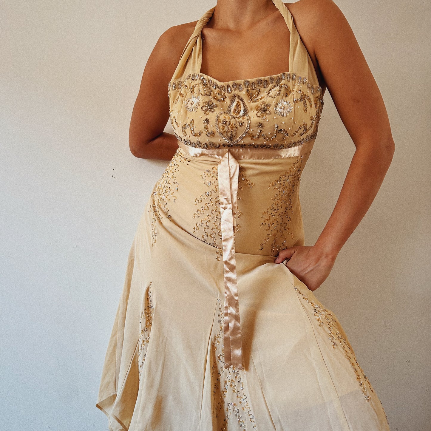 Cream Beaded Flowy Midi Dress