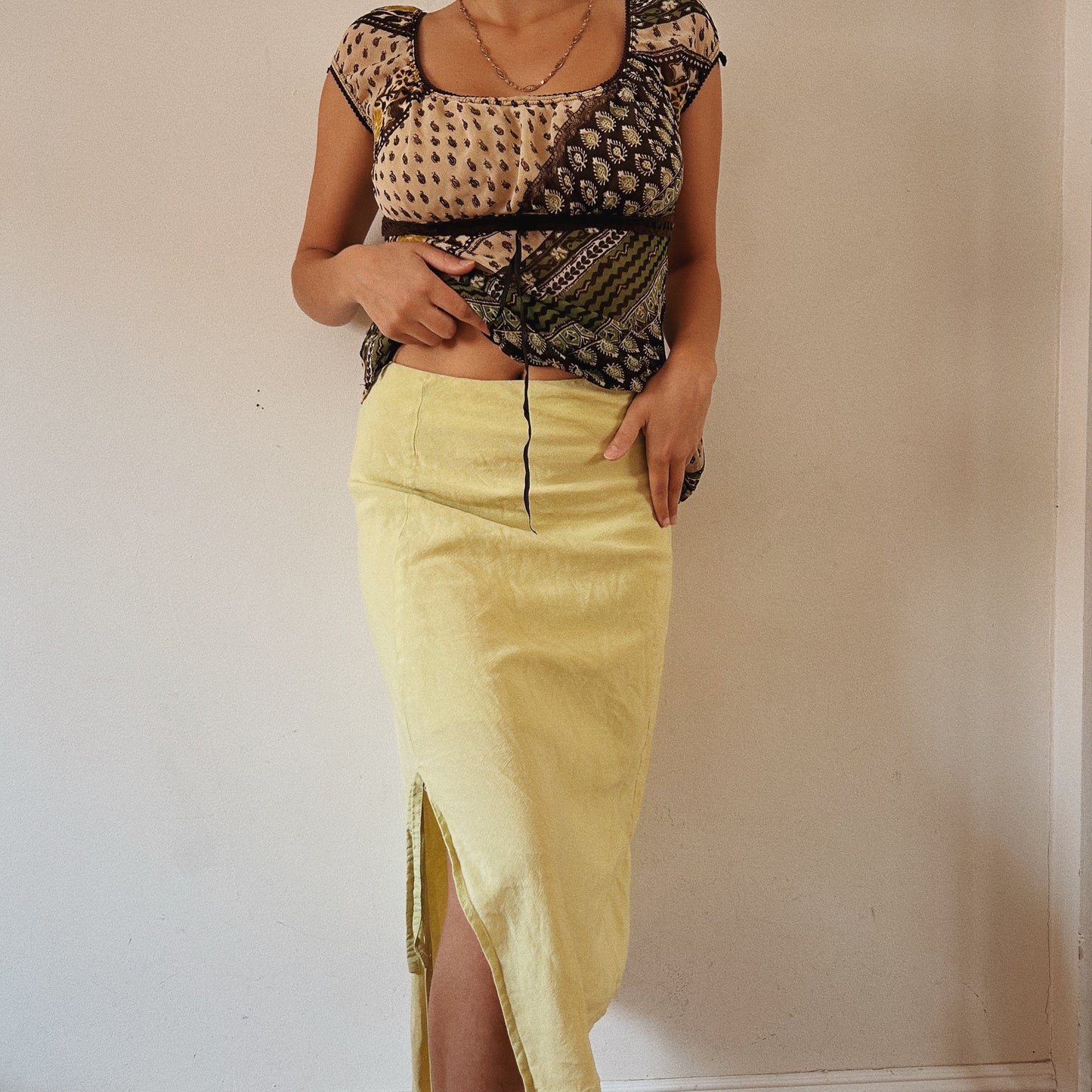 Linen Lime Green Asymmetrical  Midi Skirt