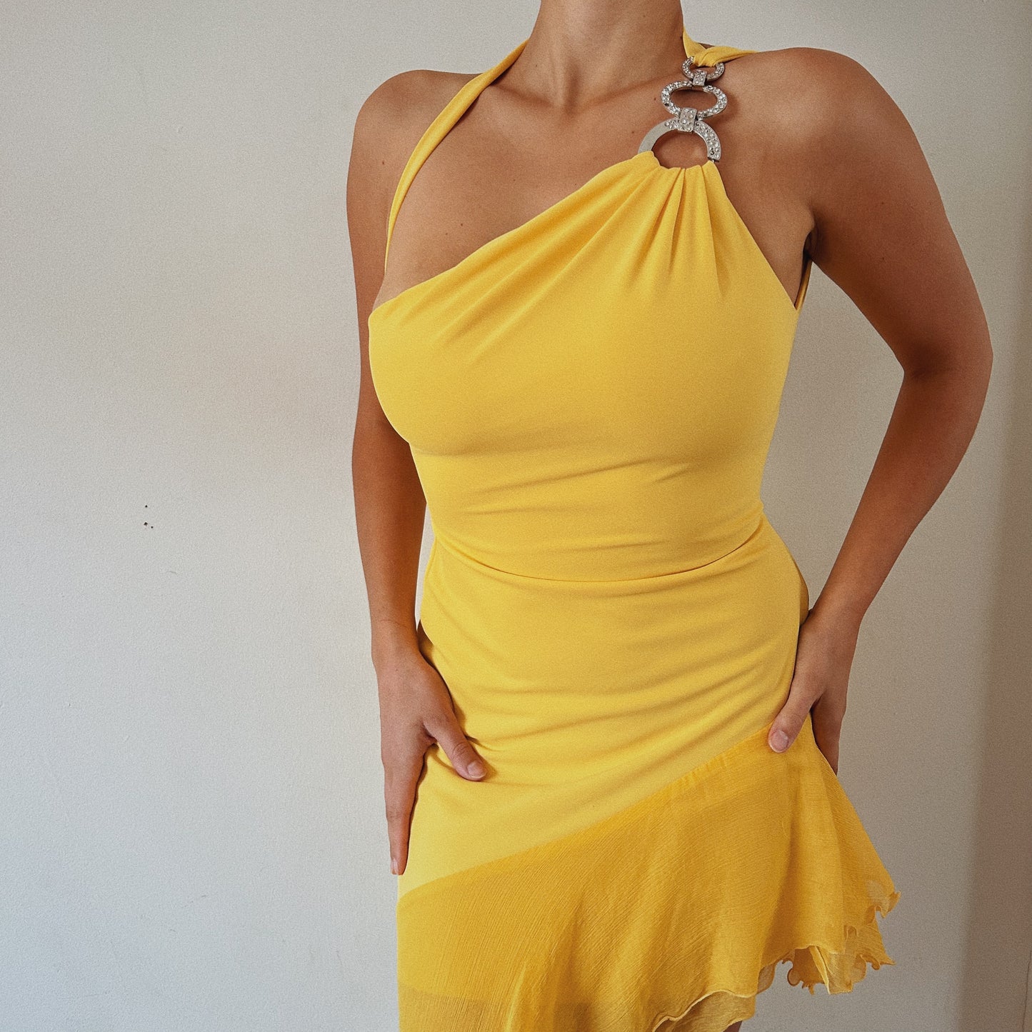 Vibrant Caché Yellow Asymmetrical Dress