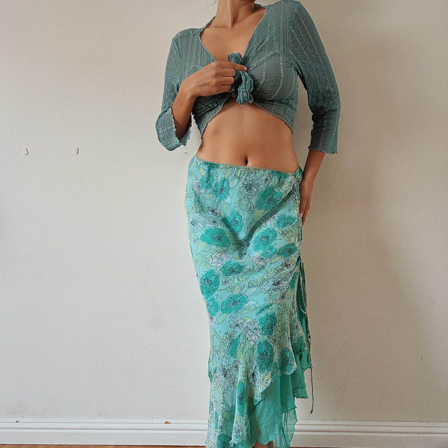 Floral Teal Ruched Maxi Skirt