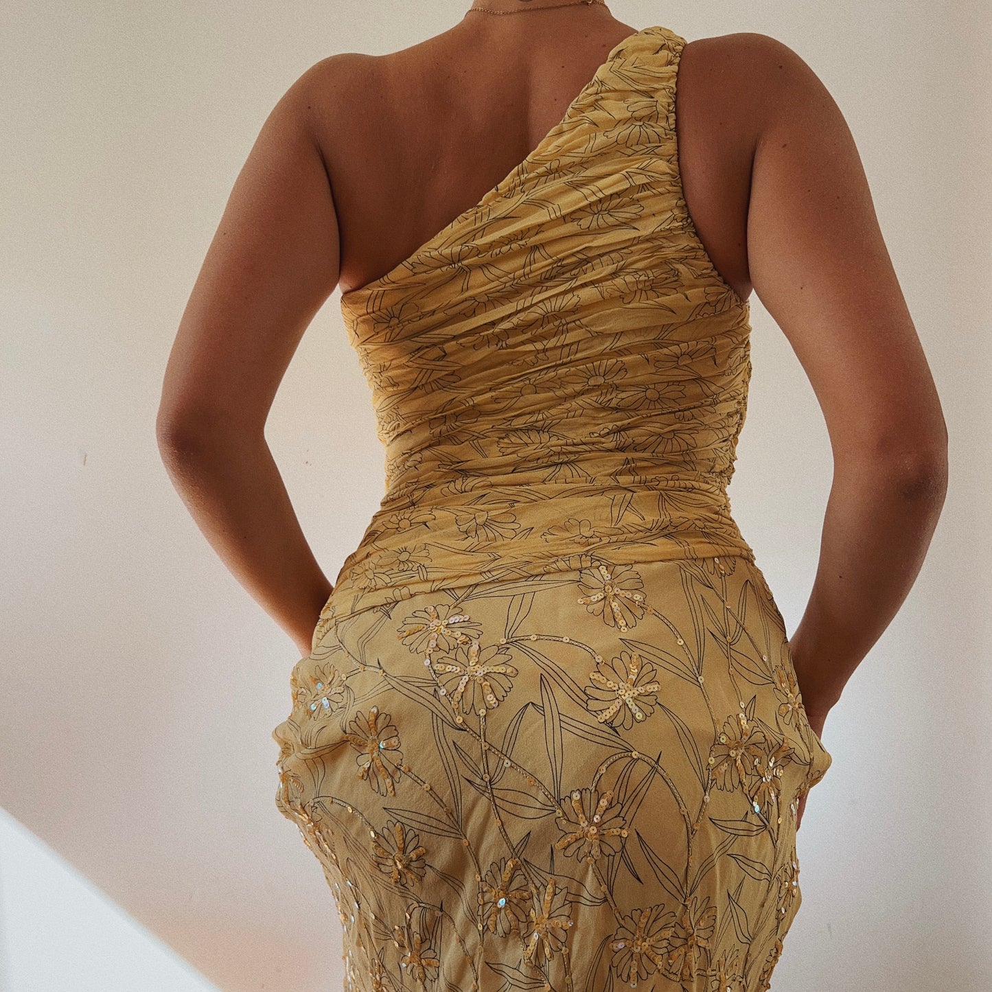One Shoulder Yellow Silk Ethereal Embelished Dress