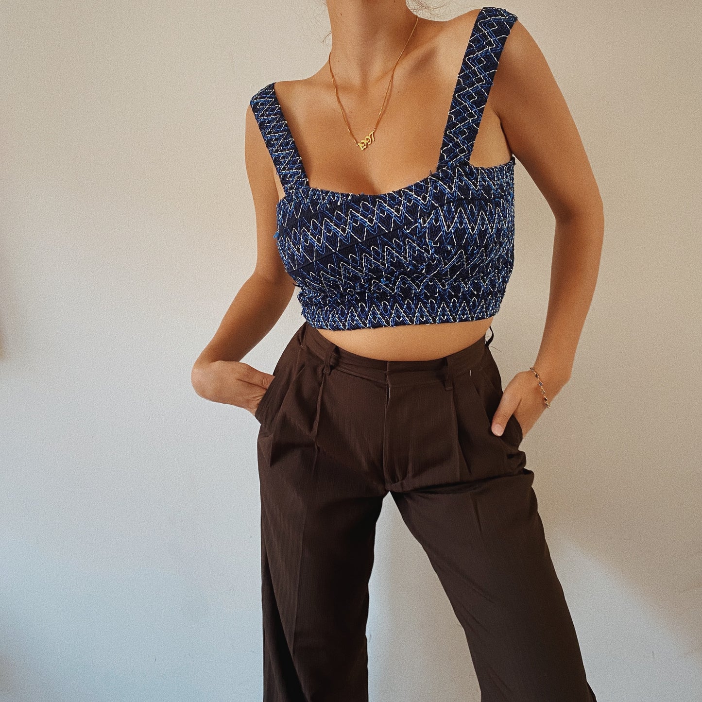 Embroidered Navy Blue Crop Top