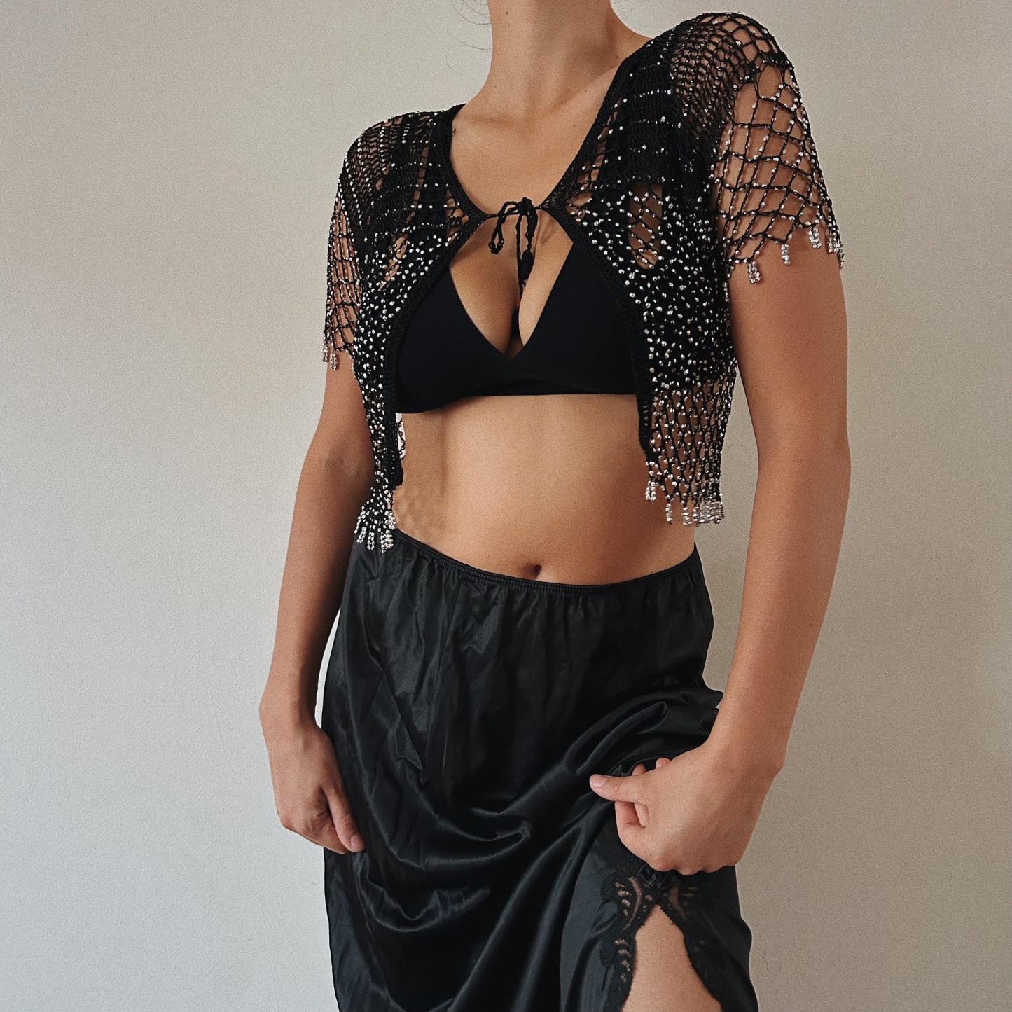 Beaded Black Cropped Cardigan