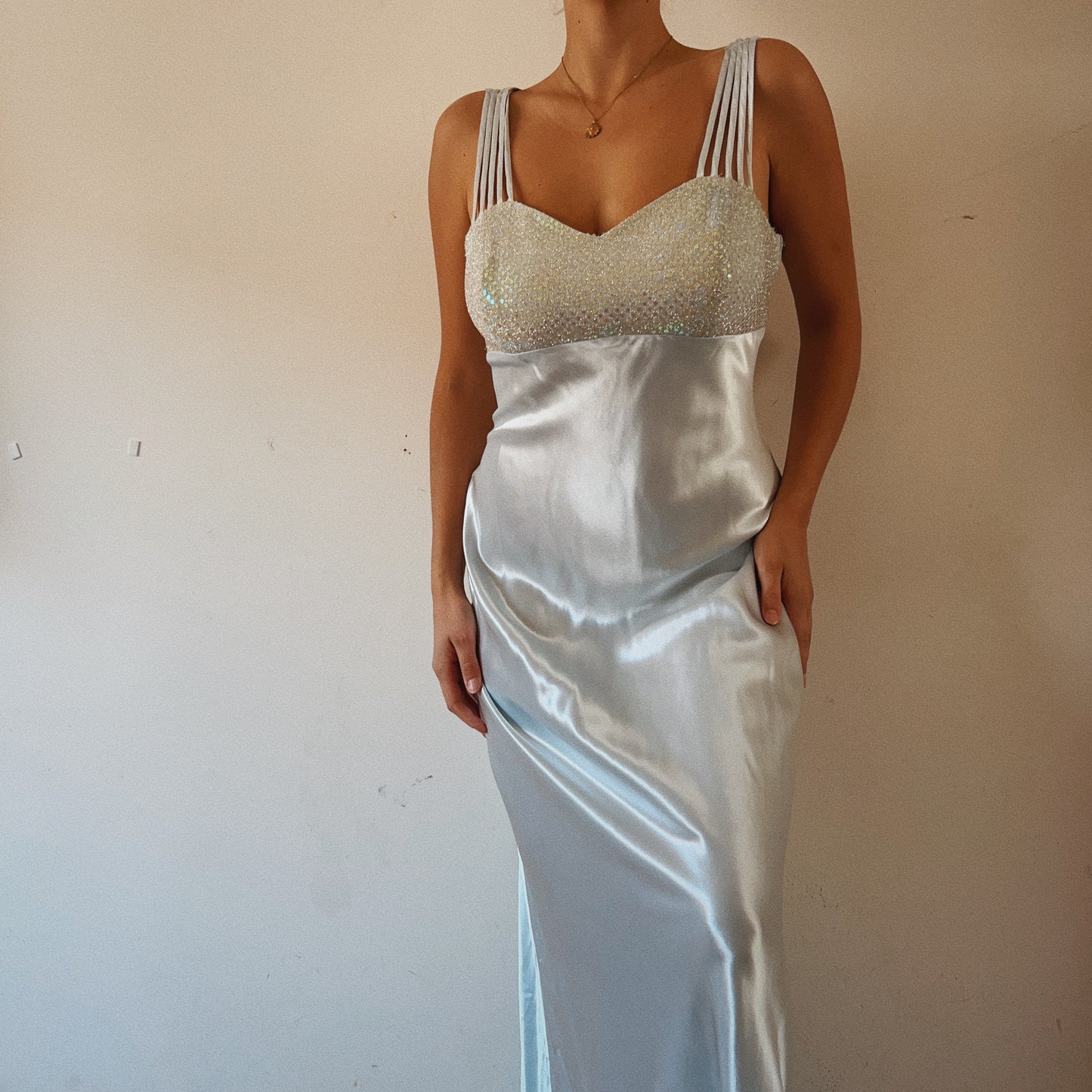 Baby Blue Satin Maxi Dress With Embellished Bustier