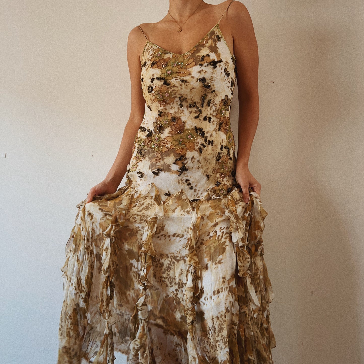 Stunning Silk Earth Fairy Beaded Ruffled Gown