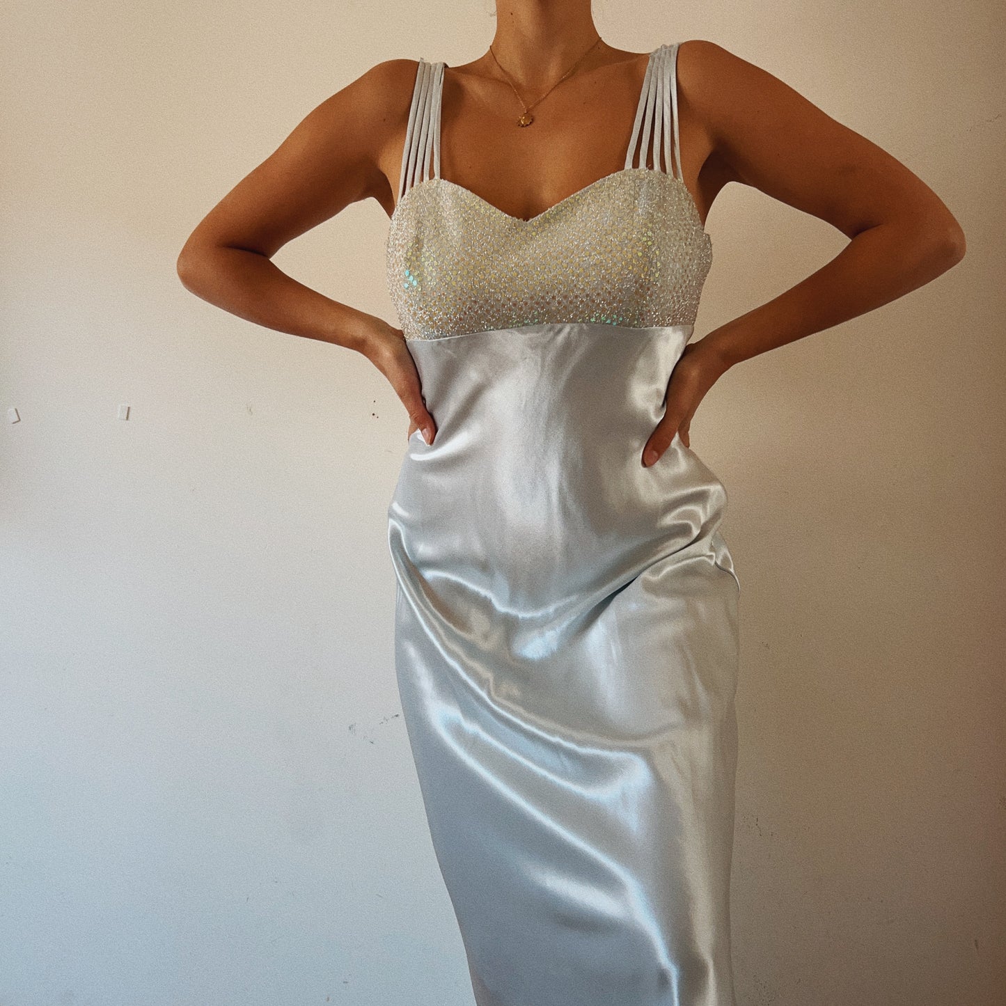 Baby Blue Satin Maxi Dress With Embellished Bustier