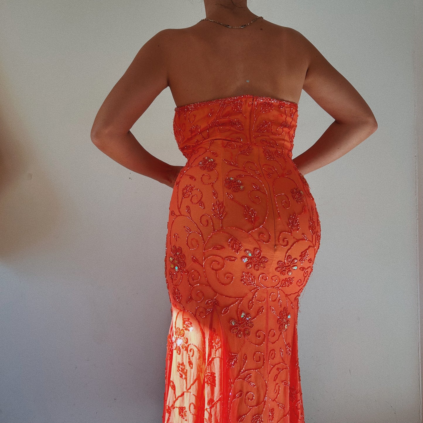 Silk Bright Orange Beaded Strapless Dress