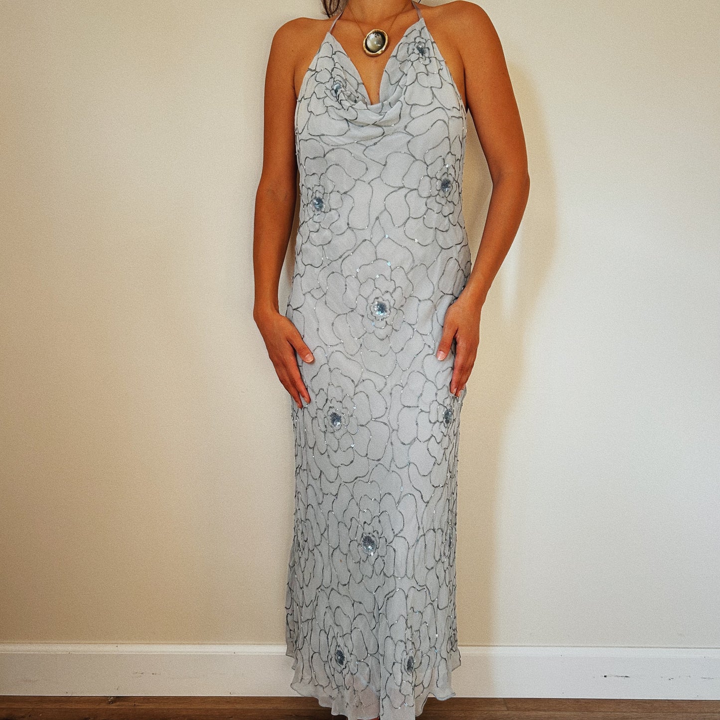 Elegant Beaded Cowl Neck Dress