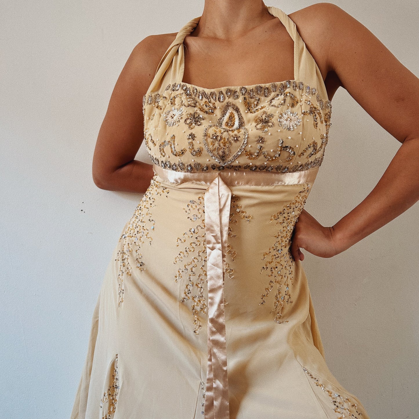 Cream Beaded Flowy Midi Dress