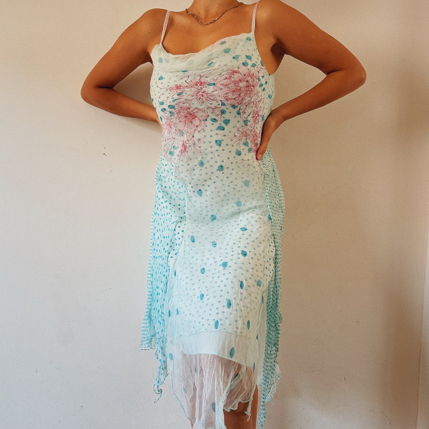 Blue Dotted Layered Mesh Dress