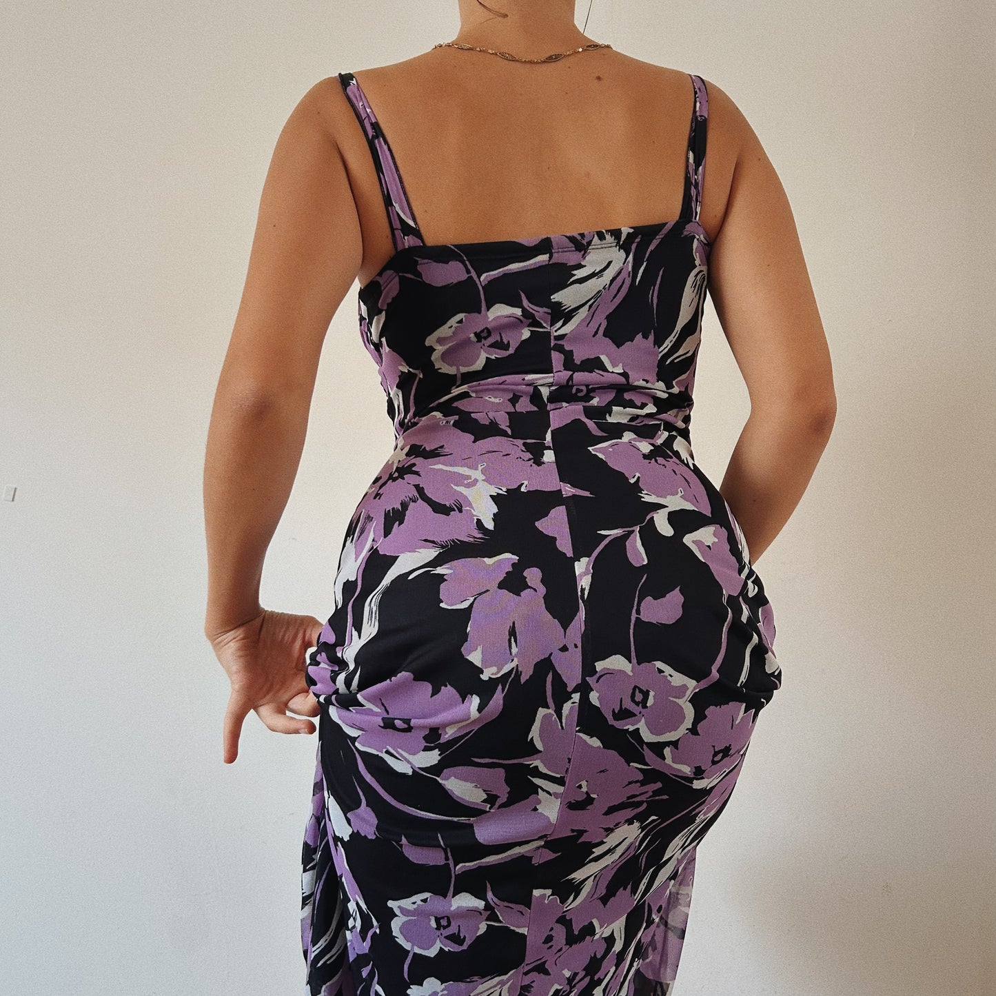 Midi Purple Floral Ruched Summer Dress