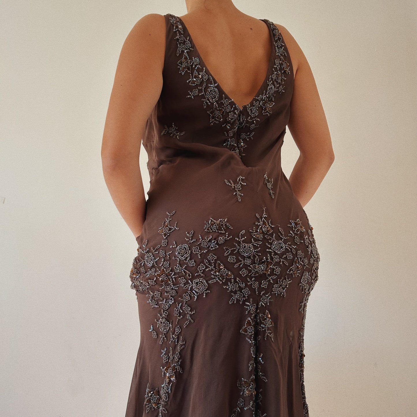 100% Silk Brown Beaded Dress
