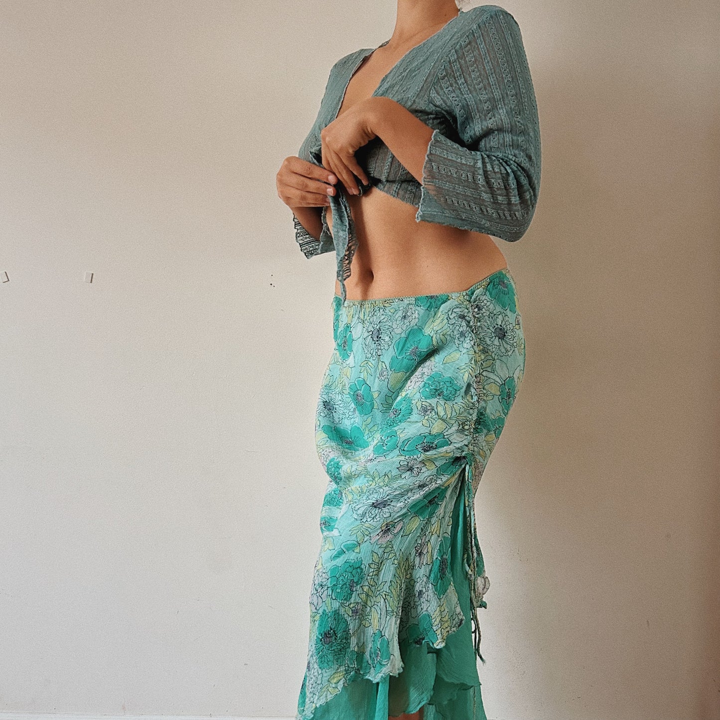 Floral Teal Ruched Maxi Skirt