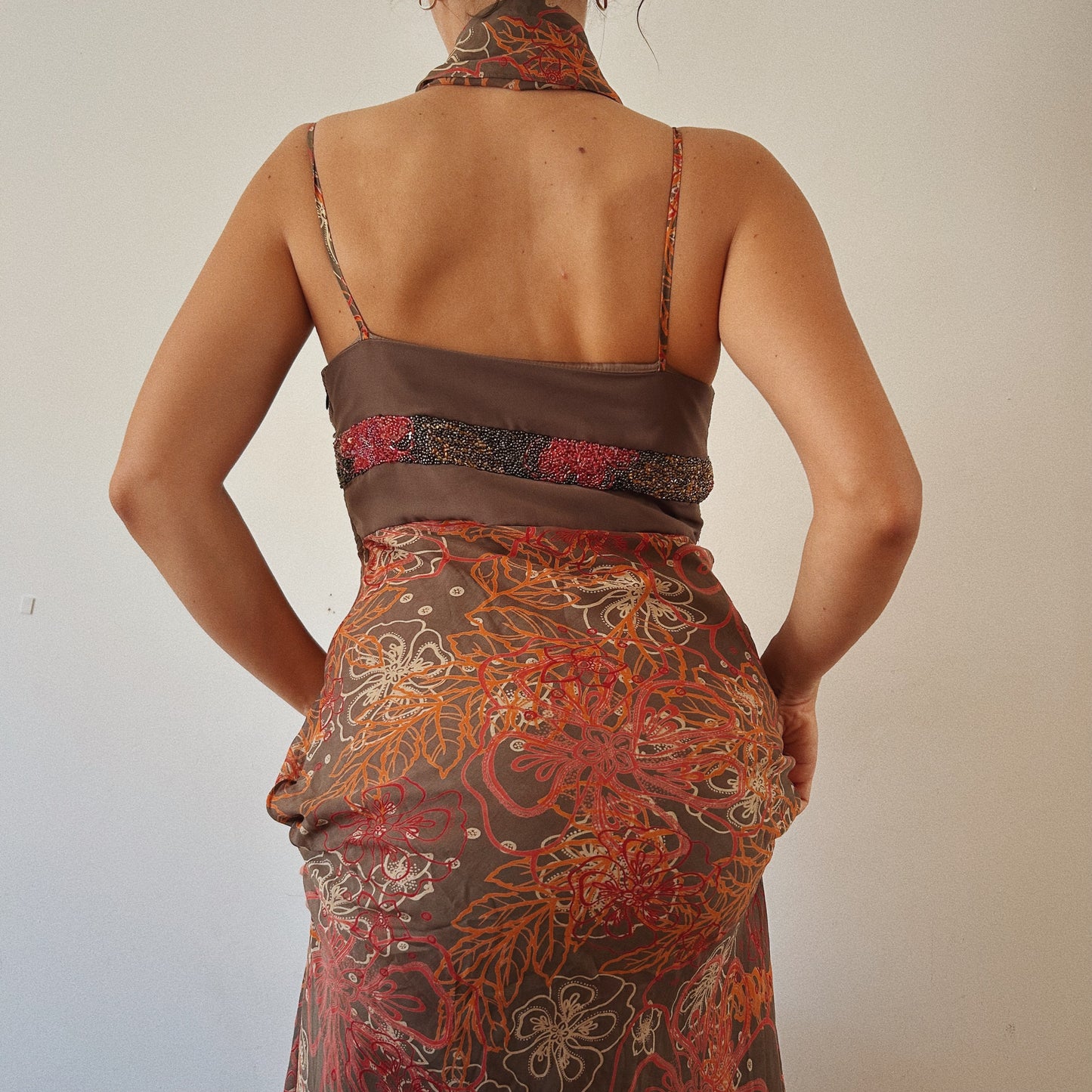 Silky Beaded Gown with Scarf