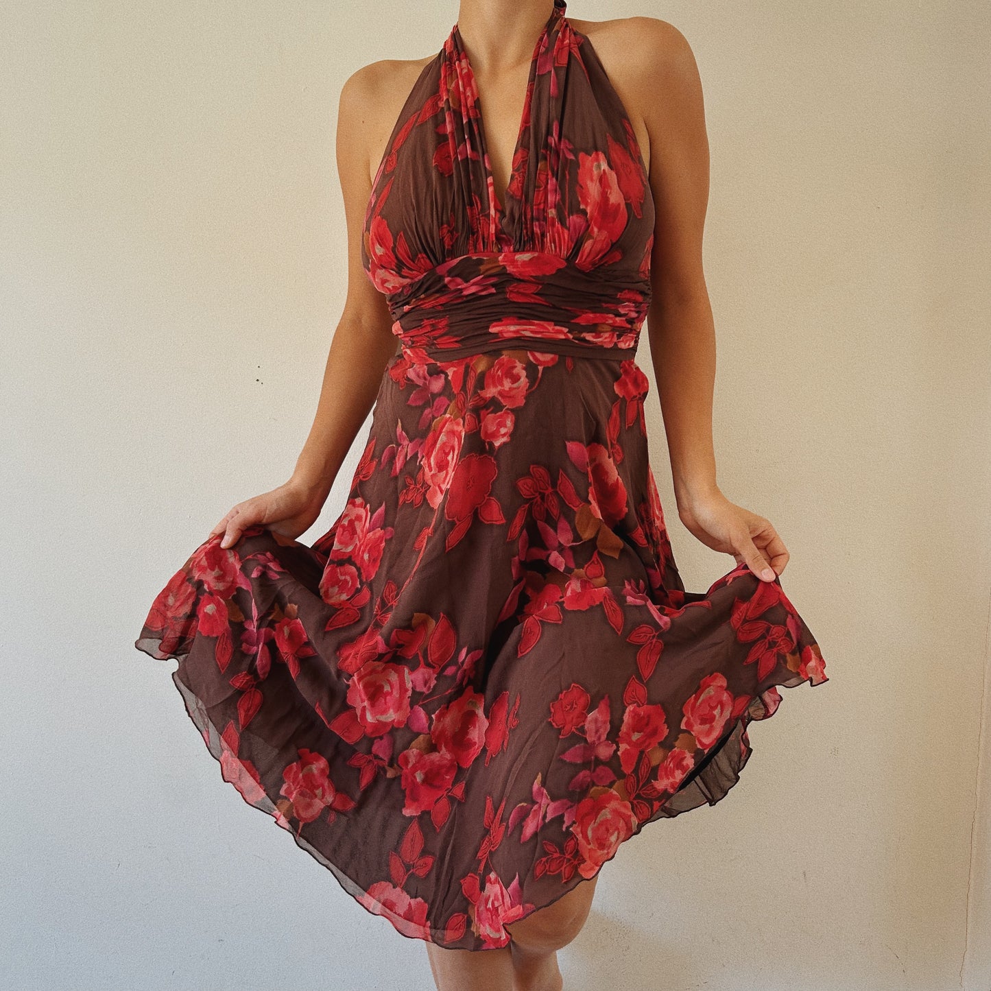 100% Silk Floral Halter Mini Dress