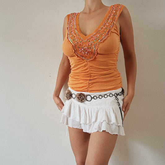 Orange Ruched Sequins Top