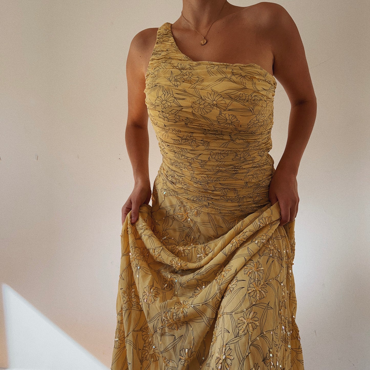 One Shoulder Yellow Silk Ethereal Embelished Dress