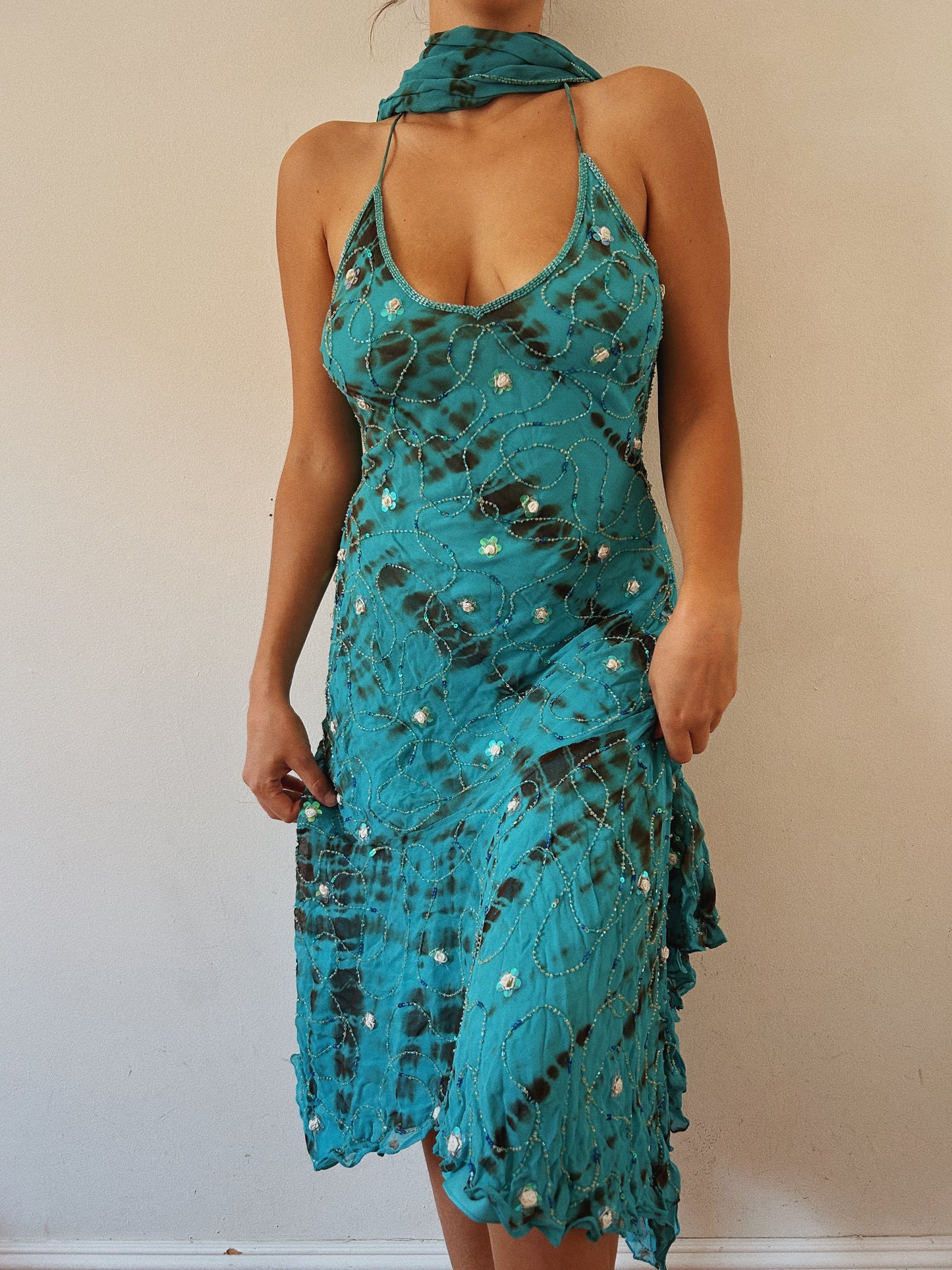 Mermaid Silk Beaded Dress With Scarf