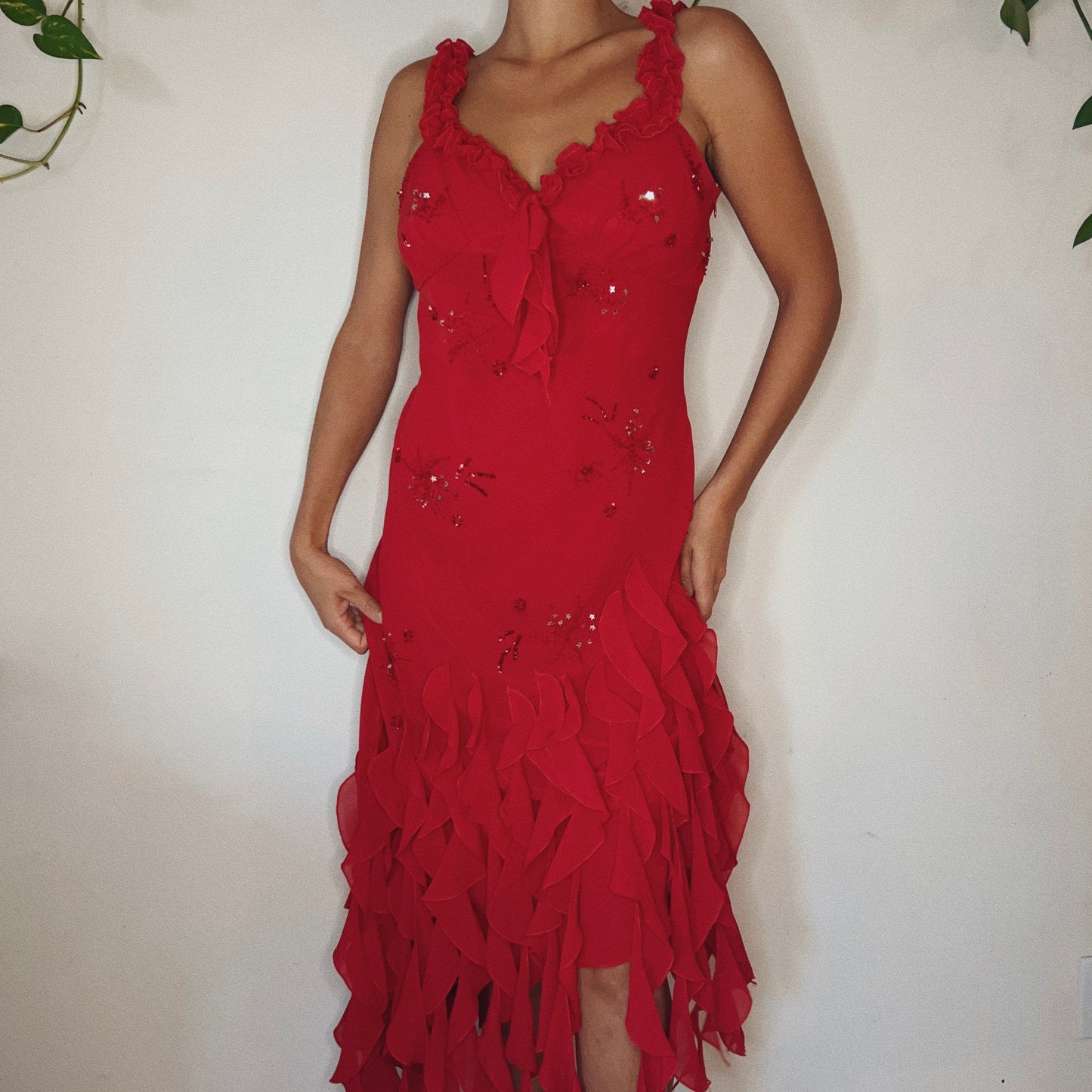 Asymmetrical Ruffled Beaded Dress