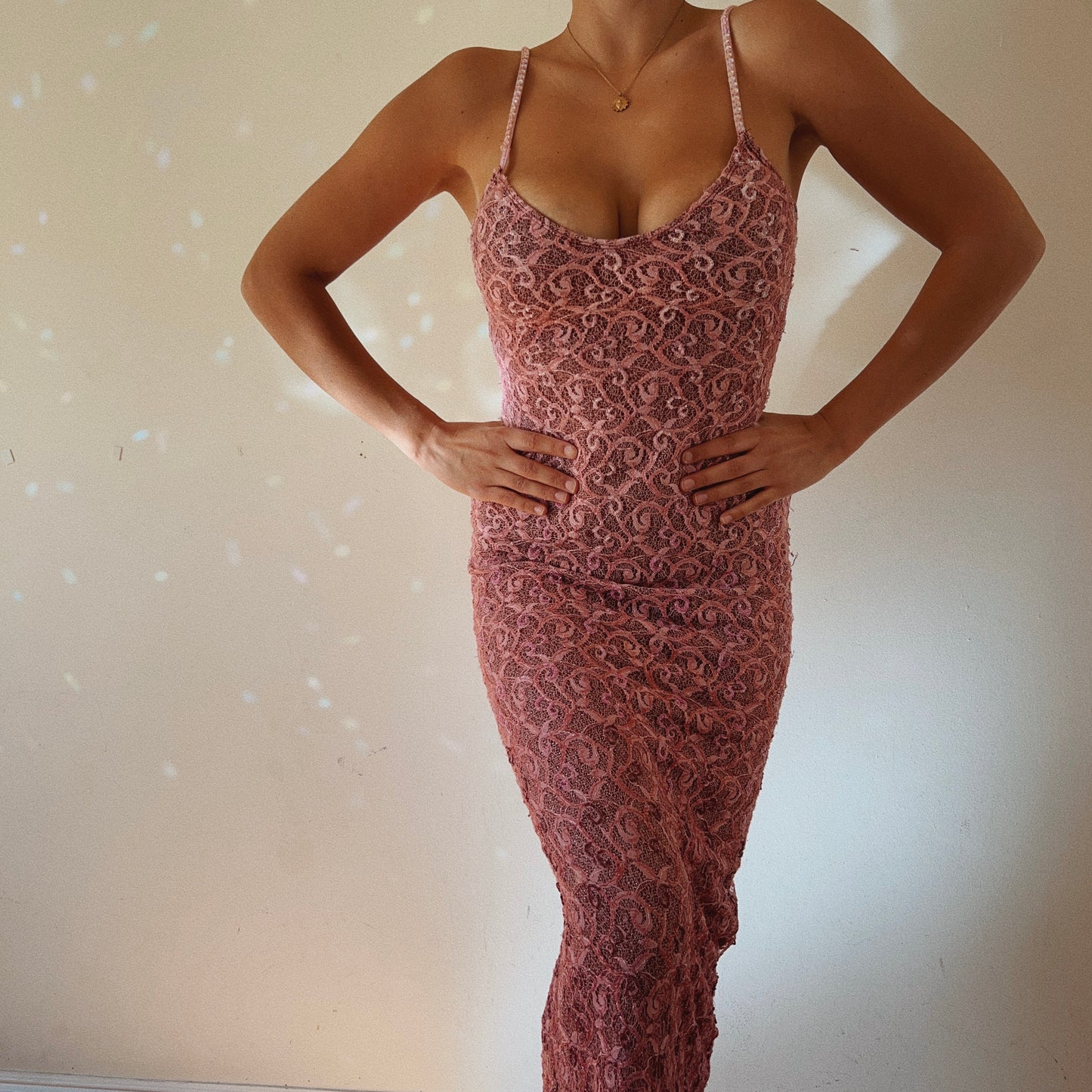 Vintage Lace Pink Body-Con Beaded Dress