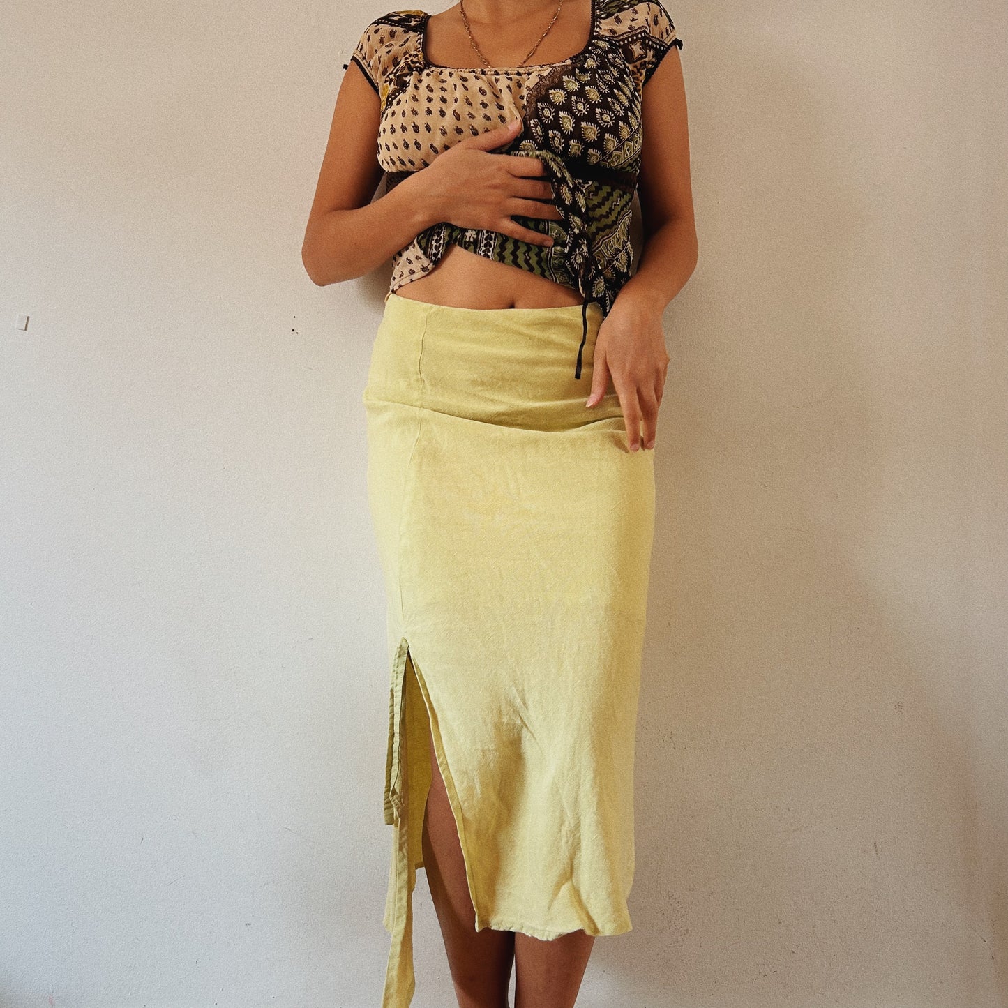 Linen Lime Green Asymmetrical  Midi Skirt