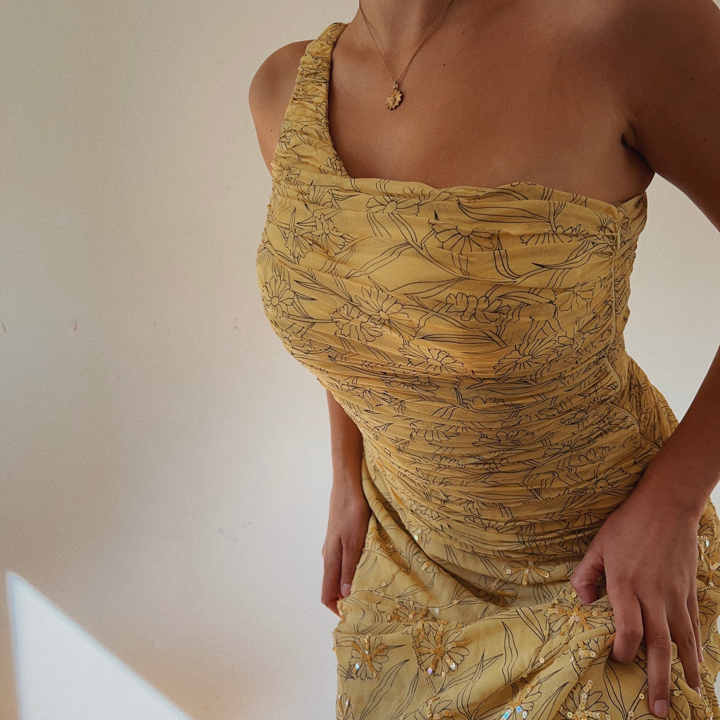 One Shoulder Yellow Silk Ethereal Embelished Dress