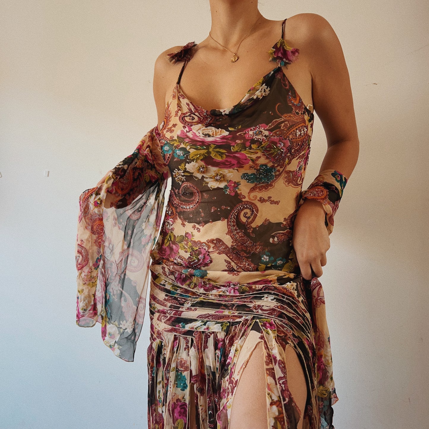 Stunning Paisley Beaded Ruffled Dress With Scarf