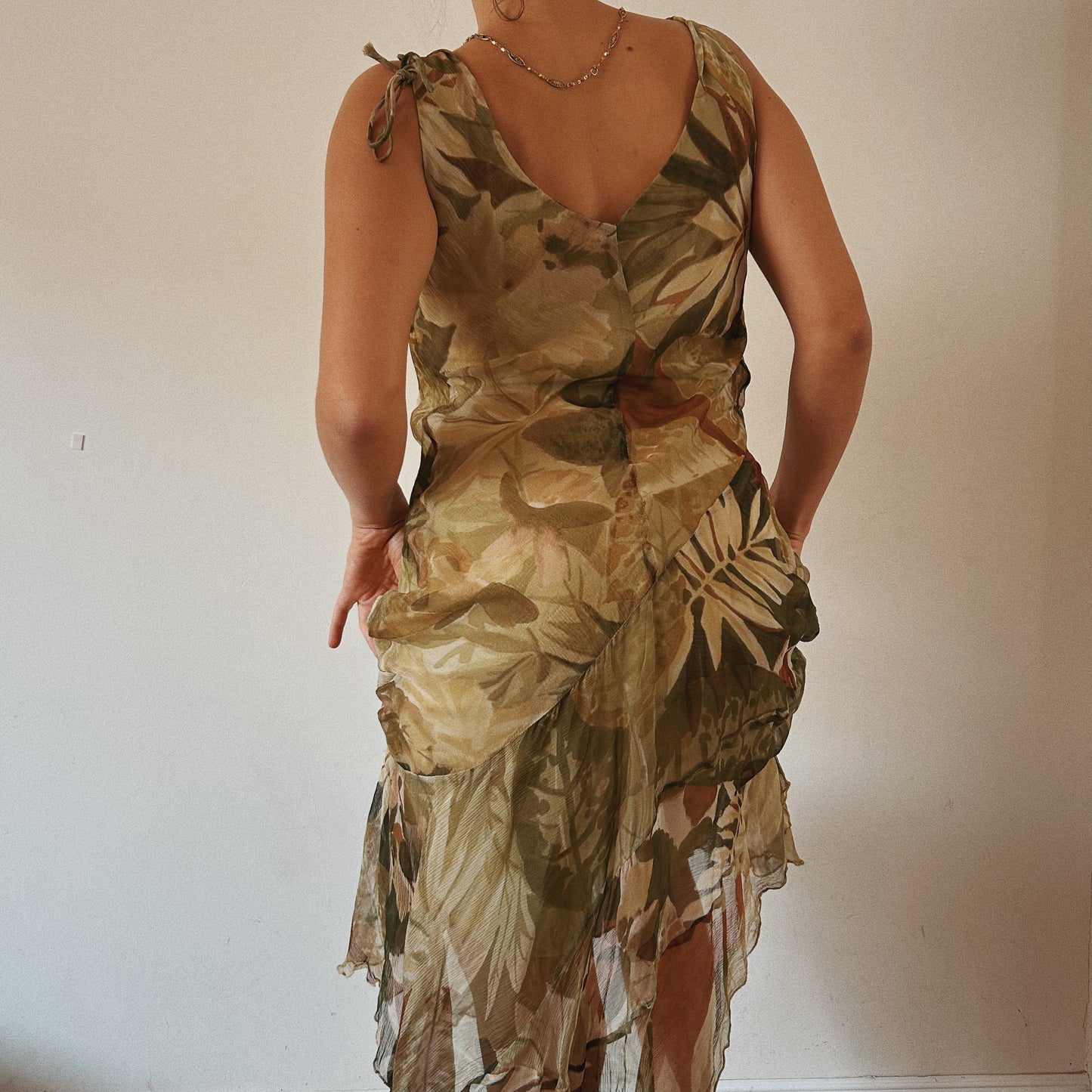 Green Floral Mesh Layered Cowl Neck Dress