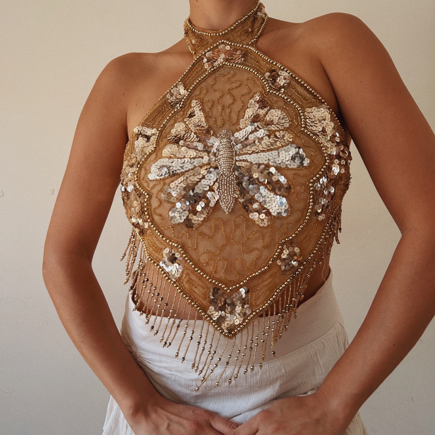 Viral Golden Butterfly Beaded Halter Top
