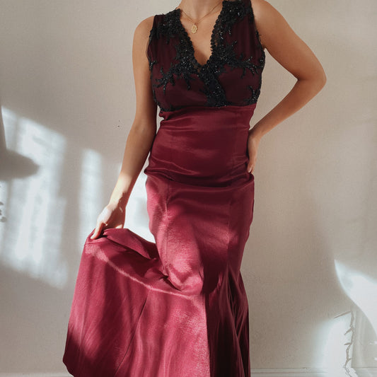 Burgundy Fishtail Gown with Beaded Bustier