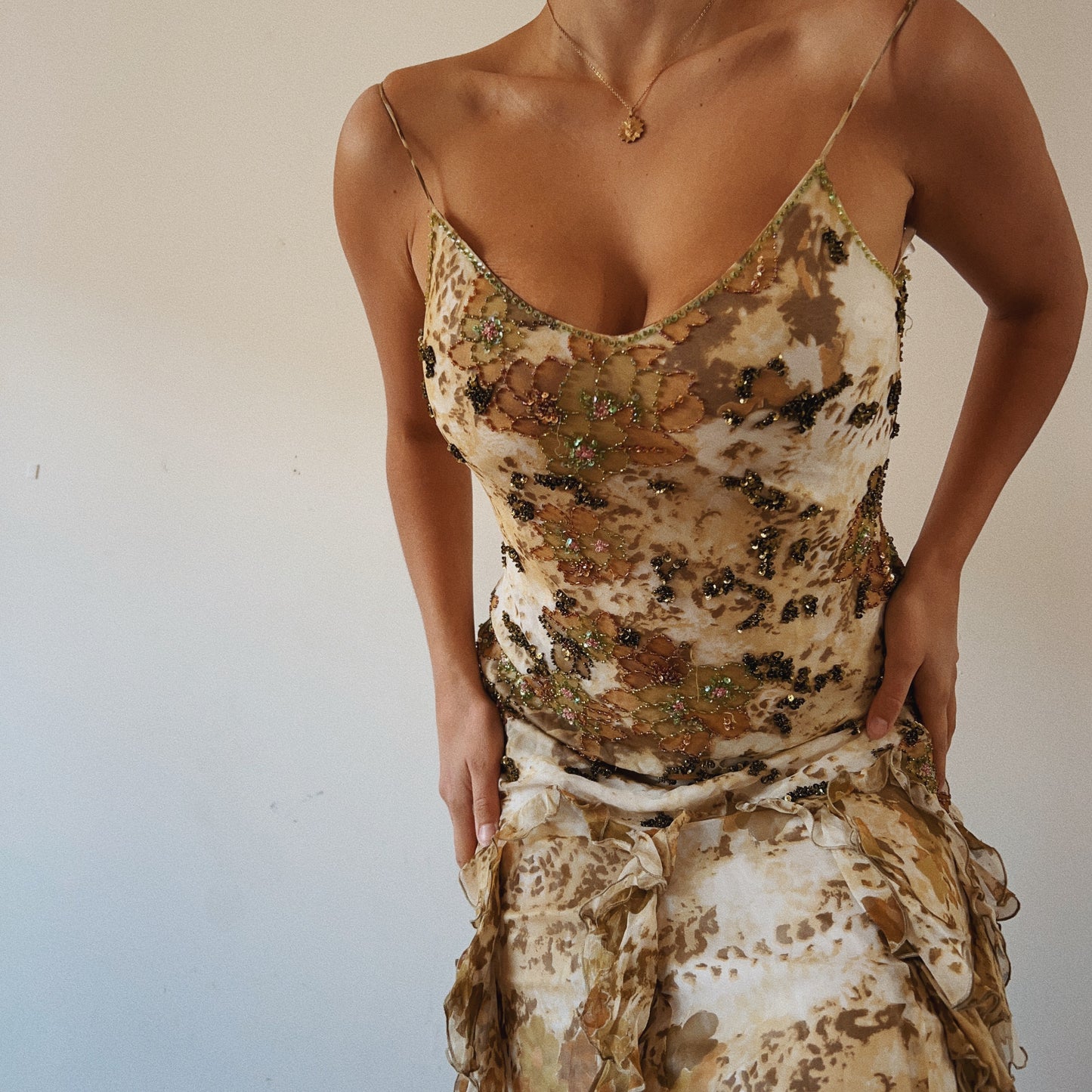 Stunning Silk Earth Fairy Beaded Ruffled Gown