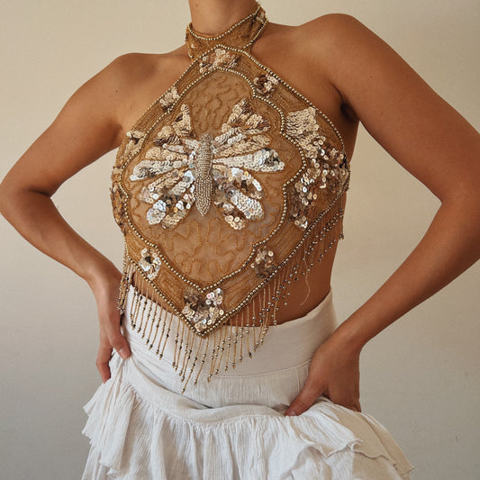 Viral Golden Butterfly Beaded Halter Top