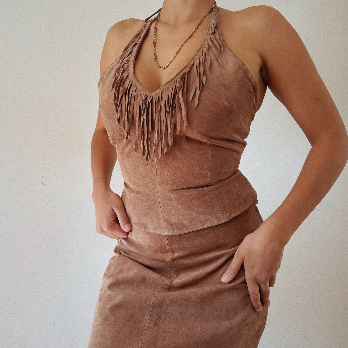 Suede Fringe Corset and Skirt Boho Set