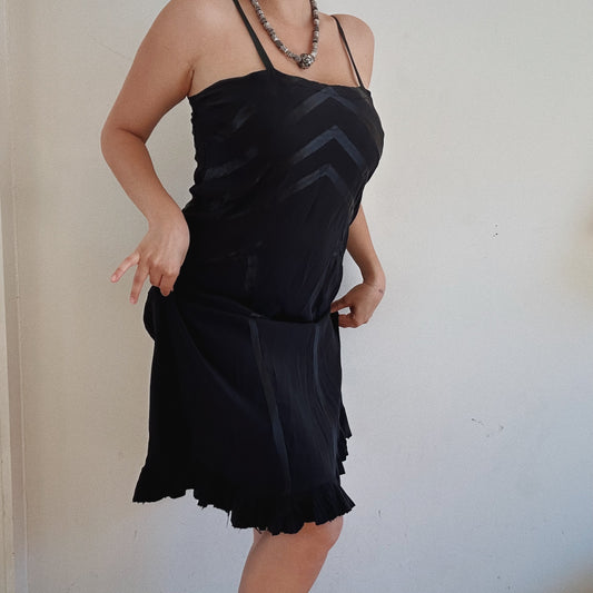 Silky black mini ruffled dress