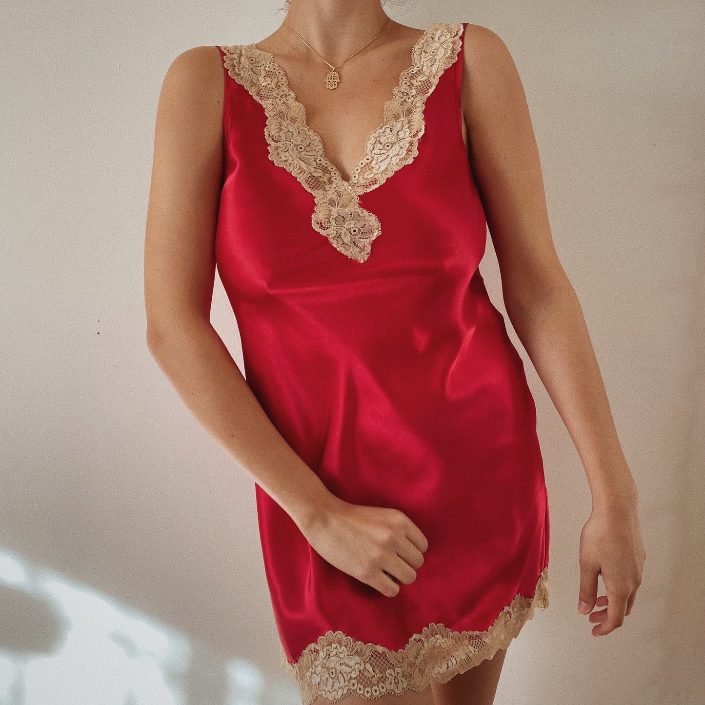 Red Vintage Slip Dress with Lace Details