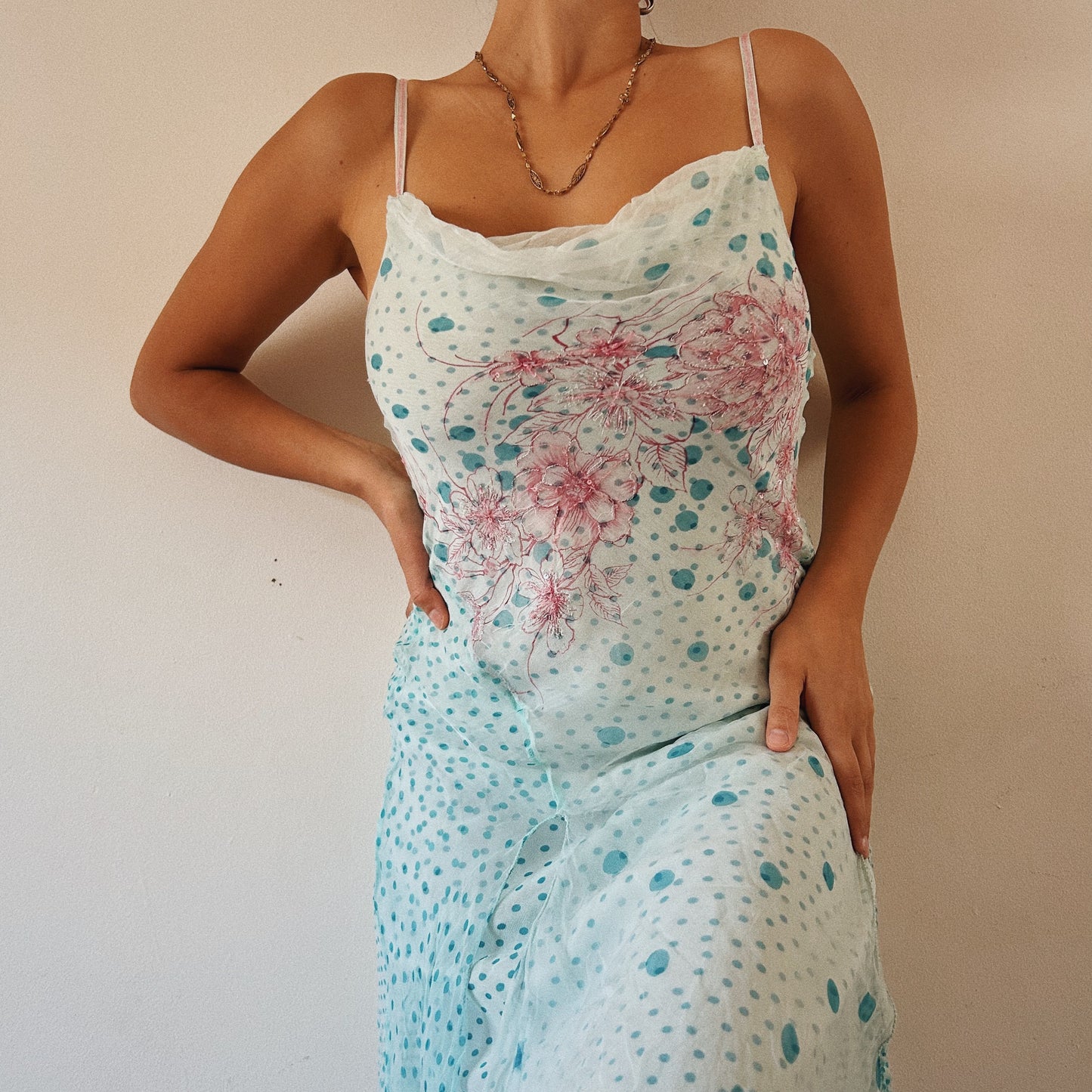 Blue Dotted Layered Mesh Dress