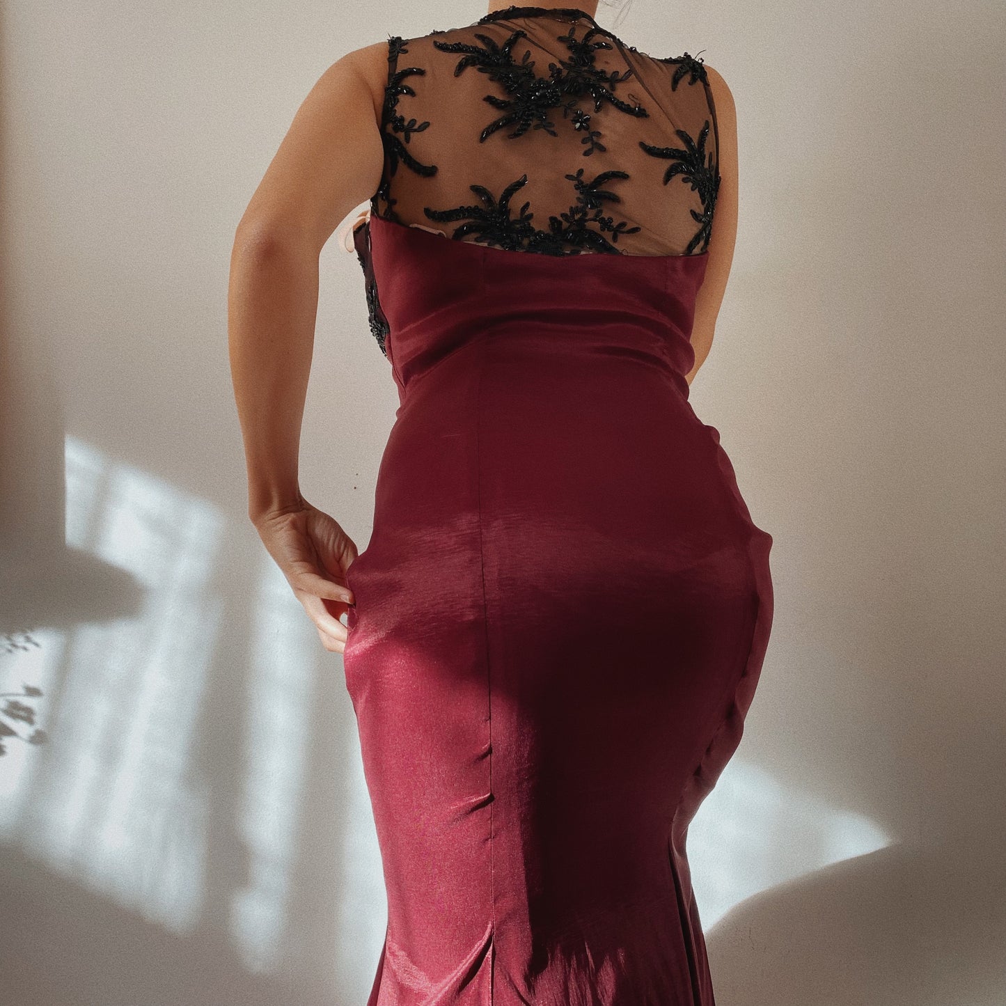Burgundy Fishtail Gown with Beaded Bustier