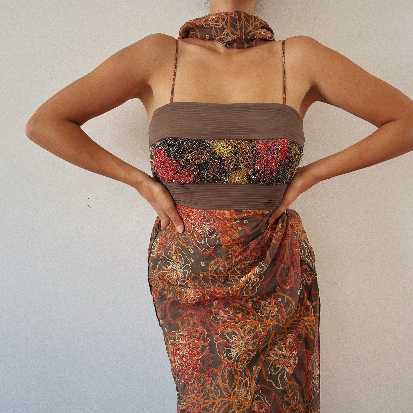 Silky Beaded Gown with Scarf