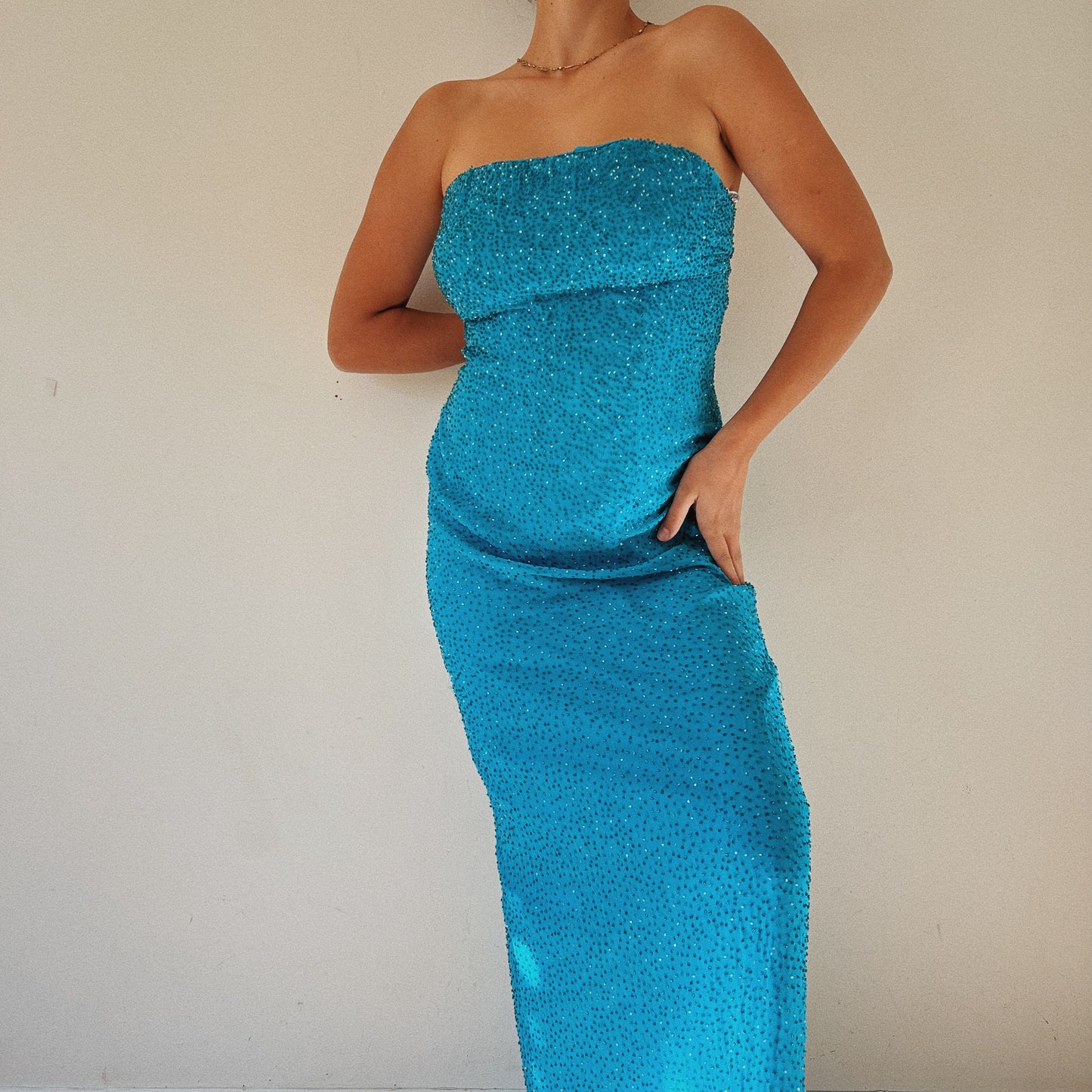 Mermaid Blue Beaded Strapless Gown